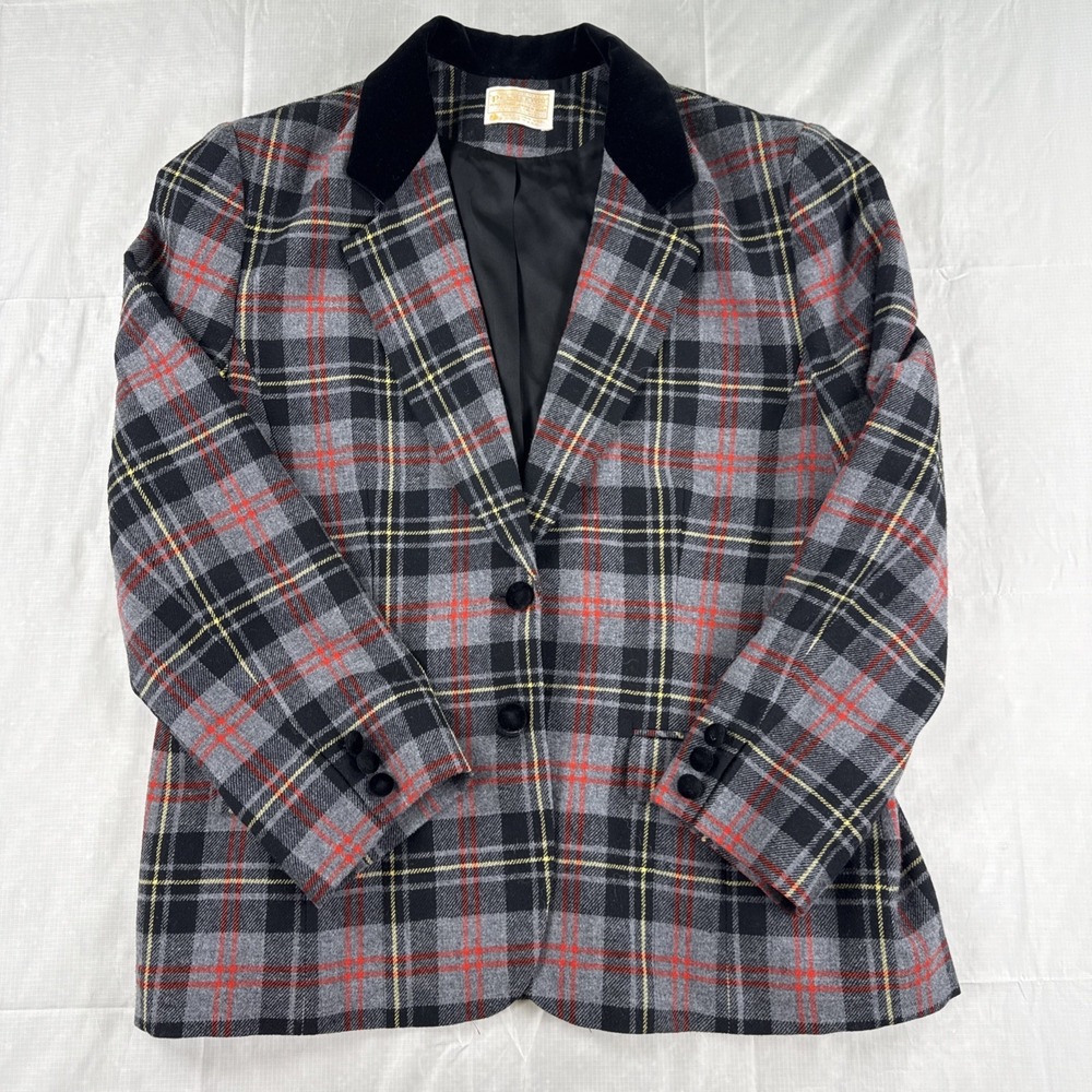 Vintage Pendleton Wool Plaid Gray Blazer Velvet Collar Christmas Womens Sz 16